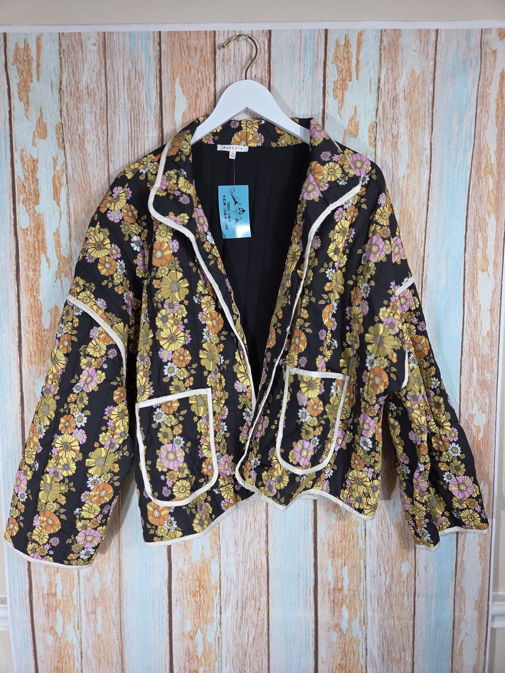 Baevely Floral Quilted Jacket with Contrast Piping - Brown/Yellow/Pink. Size 3xl